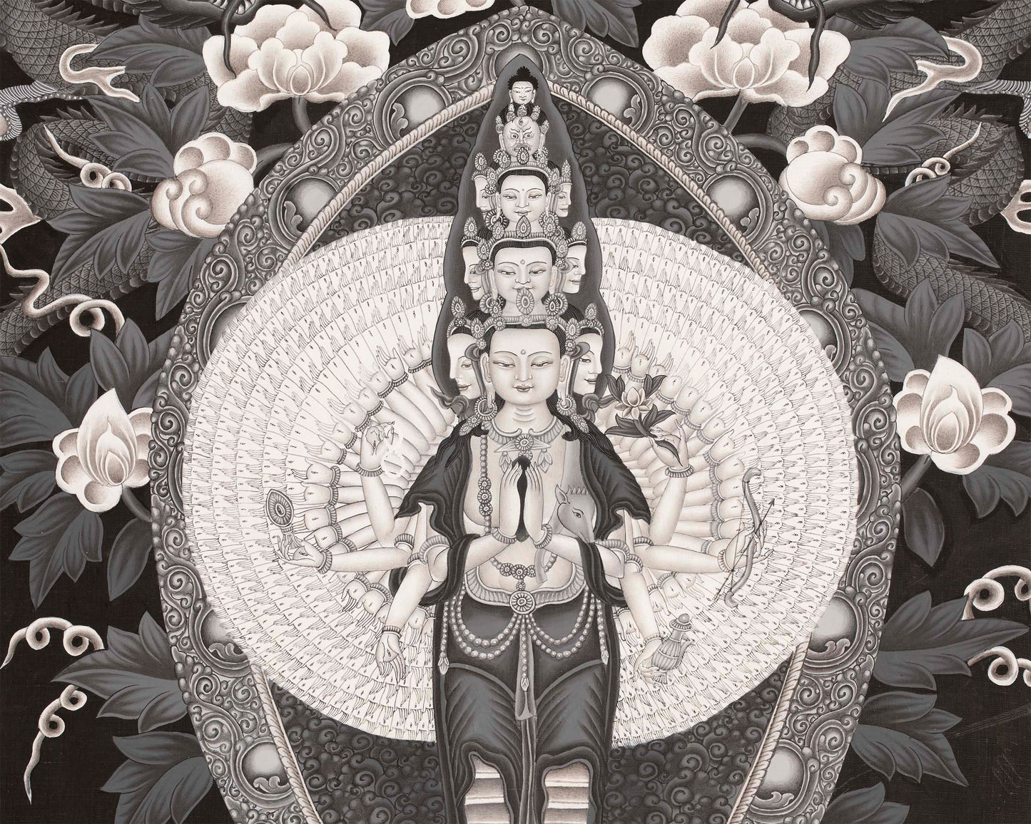 Black & White Bodhisattva 1,000 Armed Avalokitesvara Thangka | God of Compassion