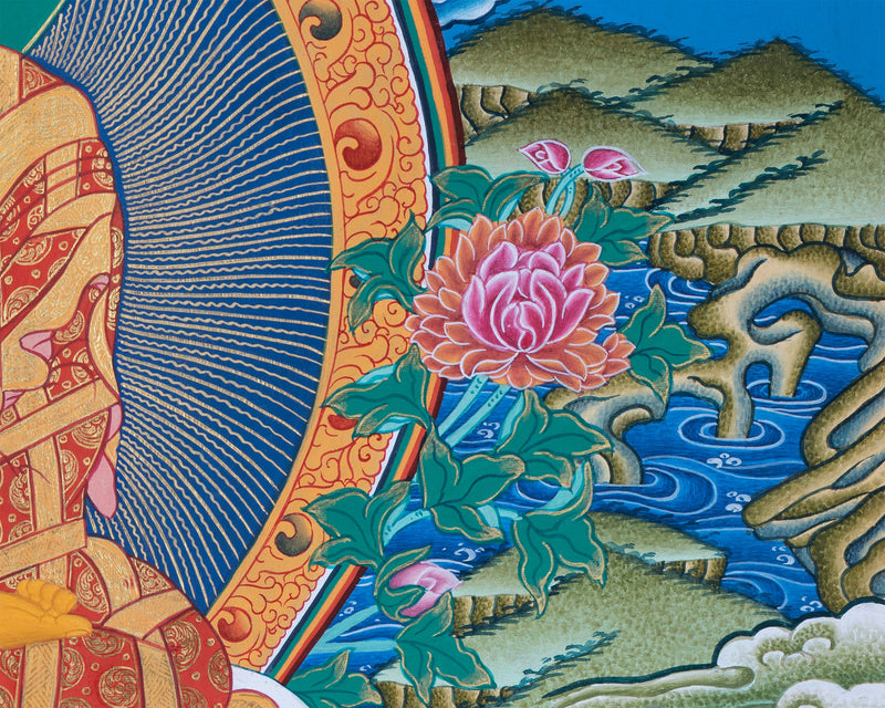 Thangka Painting of  Shakyamuni , Dipankara  and Maitreya Buddha Surrounded by The Great Buddhist Masters