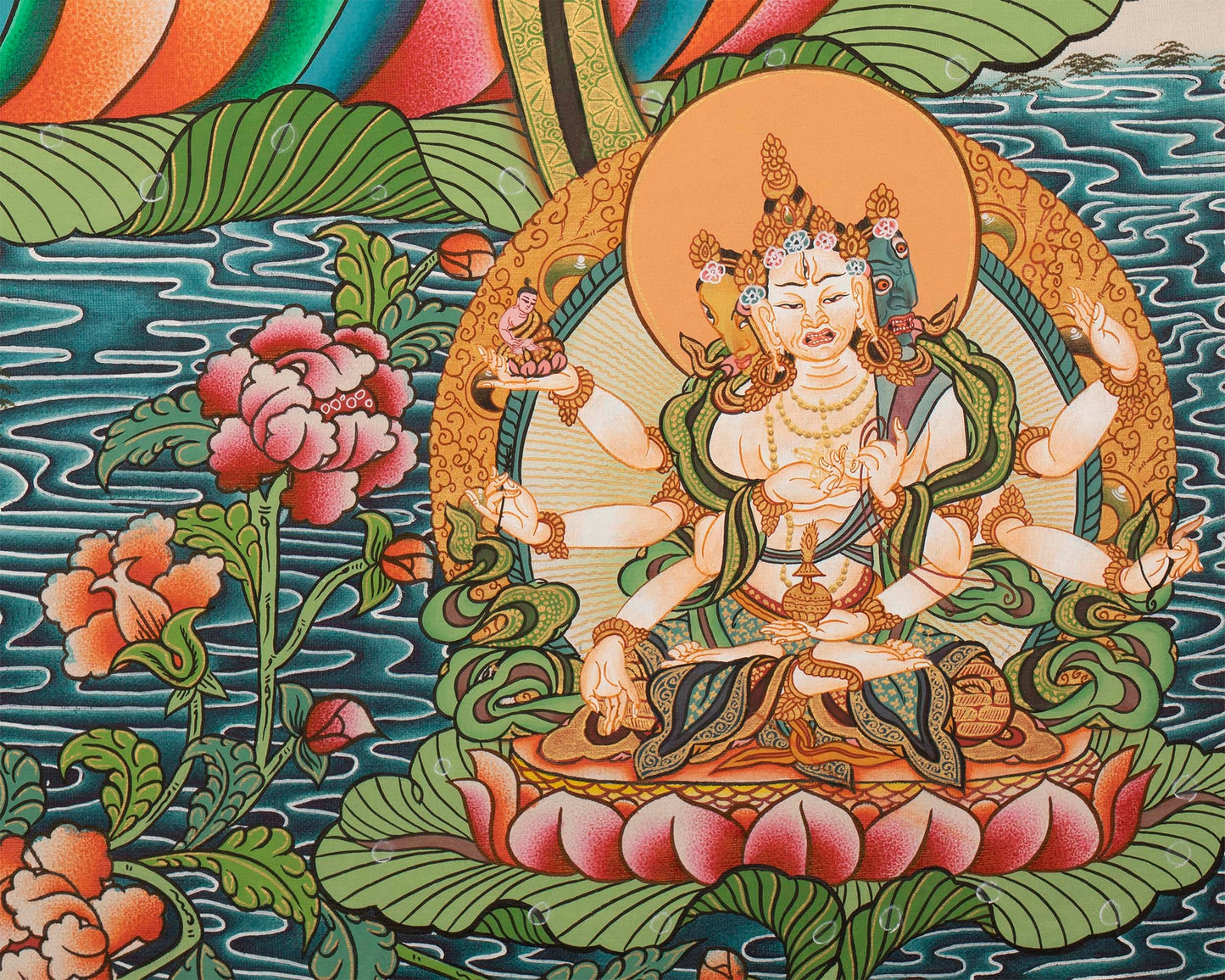 White Tara, Long Life Deity With Five Buddhas Thangka Painting With Detail Finishing Flanked By Namgyalma and Amityaus With Beautiful Colors