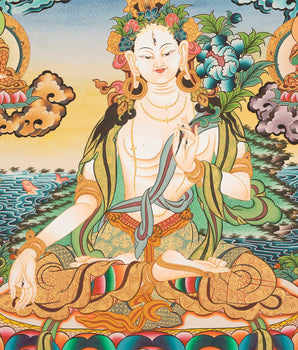 White Tara, Long Life Deity With Five Buddhas Thangka Painting With Detail Finishing Flanked By Namgyalma and Amityaus With Beautiful Colors
