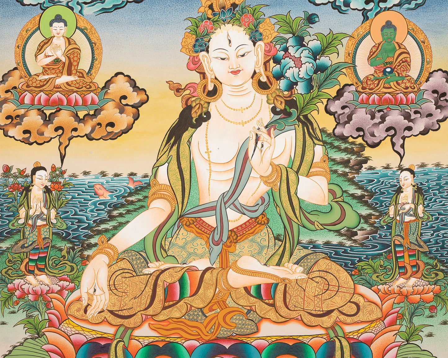 White Tara, Long Life Deity With Five Buddhas Thangka Painting With Detail Finishing Flanked By Namgyalma and Amityaus With Beautiful Colors