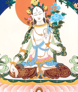 Pacifying White Tara Sitting in Abhaya Mudra Postures | Tibetan Original Handmade Thangka |