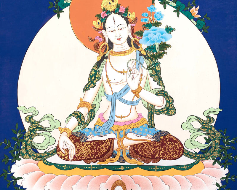 Pacifying White Tara Sitting in Abhaya Mudra Postures | Tibetan Original Handmade Thangka |