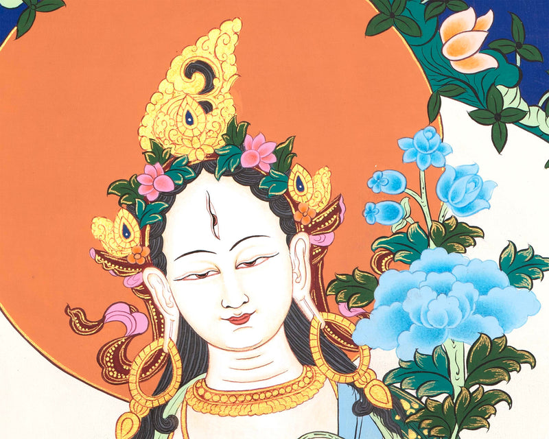 Pacifying White Tara Sitting in Abhaya Mudra Postures | Tibetan Original Handmade Thangka |