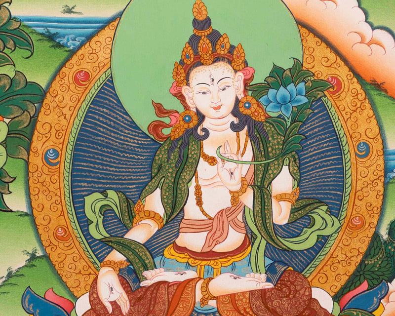 White Tara Thangka Flanked By Other Bodhisattva | Wall Decoration Painting | Art Painting for Meditation and Good Luck to house