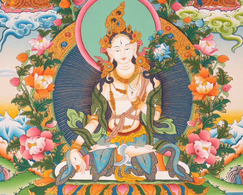 White Tara Thangka Flanked By Other Bodhisattva | Wall Decoration Painting | Art Painting for Meditation and Good Luck to house