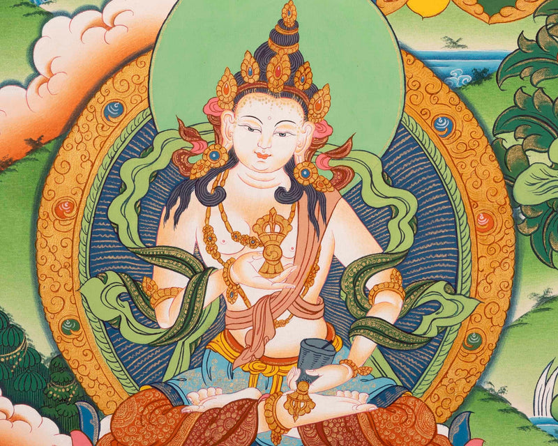 White Tara Thangka Flanked By Other Bodhisattva | Wall Decoration Painting | Art Painting for Meditation and Good Luck to house