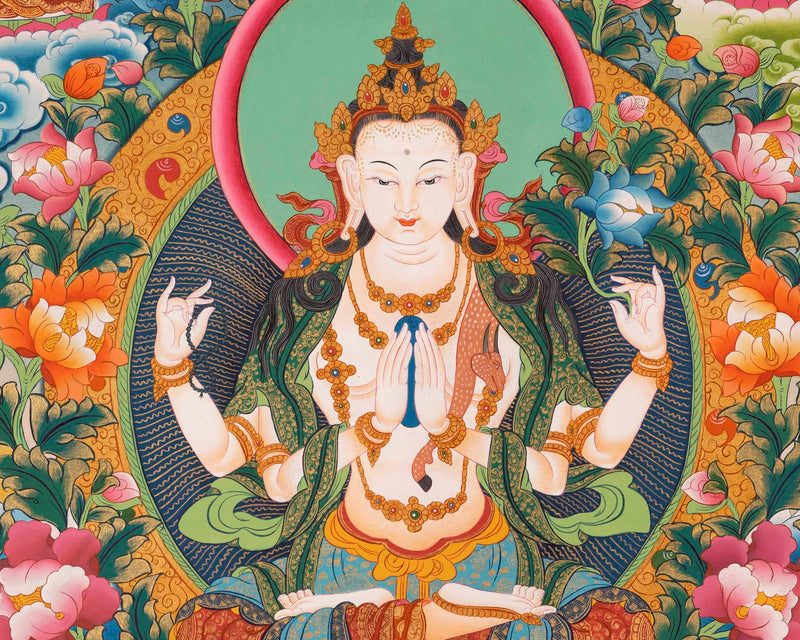 Avalokitesvara Chengrezig Thangka Flanked By Other Bodhisattva | Wall Decoration Painting |