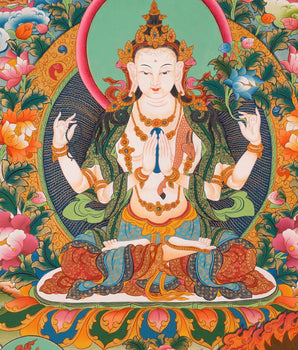 Avalokitesvara Chengrezig Thangka Flanked By Other Bodhisattva | Wall Decoration Painting |
