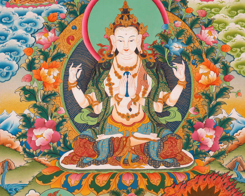 Avalokitesvara Chengrezig Thangka Flanked By Other Bodhisattva | Wall Decoration Painting |