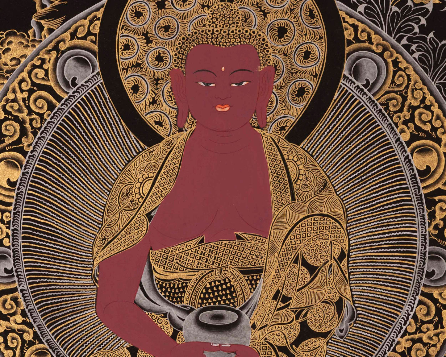 Amitabha Buddha, Dzambala, and Chengrezig Thangka | Original Hand-Painted Red Buddha