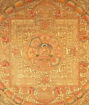 Shakyamuni Buddha Mandala Surrounded By Auspicious Symbols | Tibetan Art Painting