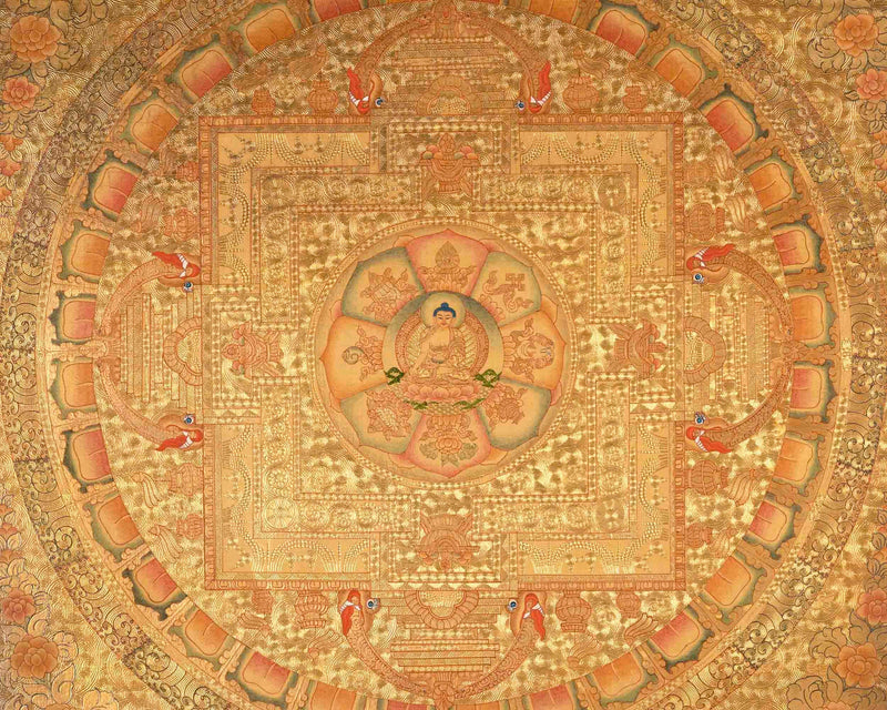 Shakyamuni Buddha Mandala Surrounded By Auspicious Symbols | Tibetan Art Painting