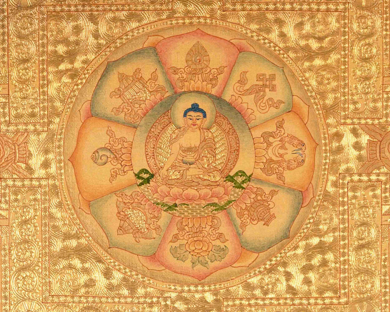 Shakyamuni Buddha Mandala Surrounded By Auspicious Symbols | Tibetan Art Painting