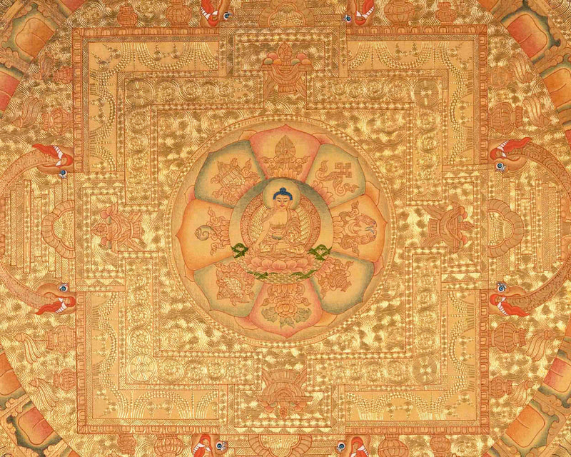 Shakyamuni Buddha Mandala Surrounded By Auspicious Symbols | Tibetan Art Painting