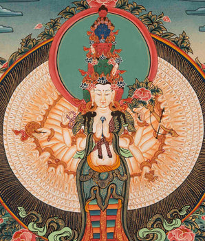 1000 Armed Chengrezig Art | Avalokiteshvara Original Hand Painted Tibetan Thangka | Yoga Meditation Canvas Art For Your Peace and Wellbeing