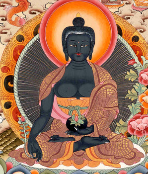 Medicine Buddha Originally Hand-Painted On Cotton Canvas | Shariputra and Maudalyana By His Side
