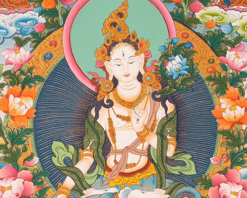 White Tara Thangka Flanked By Other Bodhisattva | Wall Decoration Painting | Art Painting for Meditation and Good Luck to house