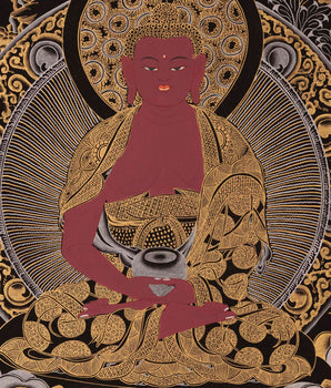 Amitabha Buddha, Dzambala, and Chengrezig Thangka | Original Hand-Painted Red Buddha