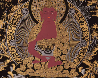 Amitabha Buddha, Dzambala, and Chengrezig Thangka | Original Hand-Painted Red Buddha