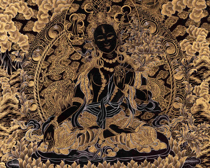 Black and Gold Style White Tara Thangka | Original Hand-Painted Female Bodhisattva Art |