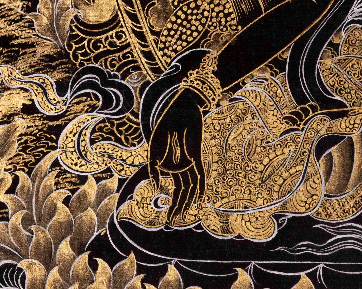 Black and Gold Style White Tara Thangka | Original Hand-Painted Female Bodhisattva Art |