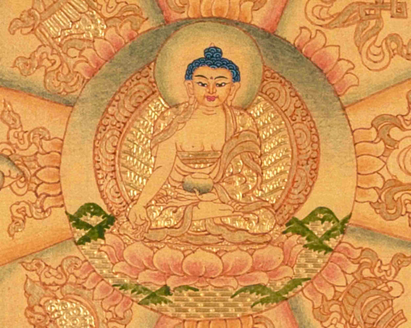 Shakyamuni Buddha Mandala Surrounded By Auspicious Symbols | Tibetan Art Painting