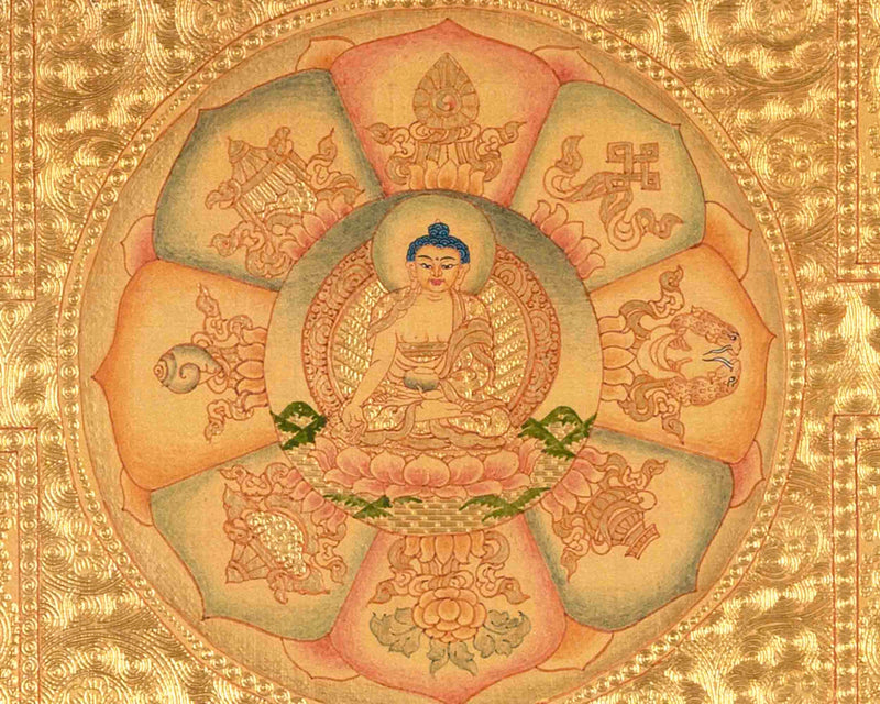 Shakyamuni Buddha Mandala Surrounded By Auspicious Symbols | Tibetan Art Painting