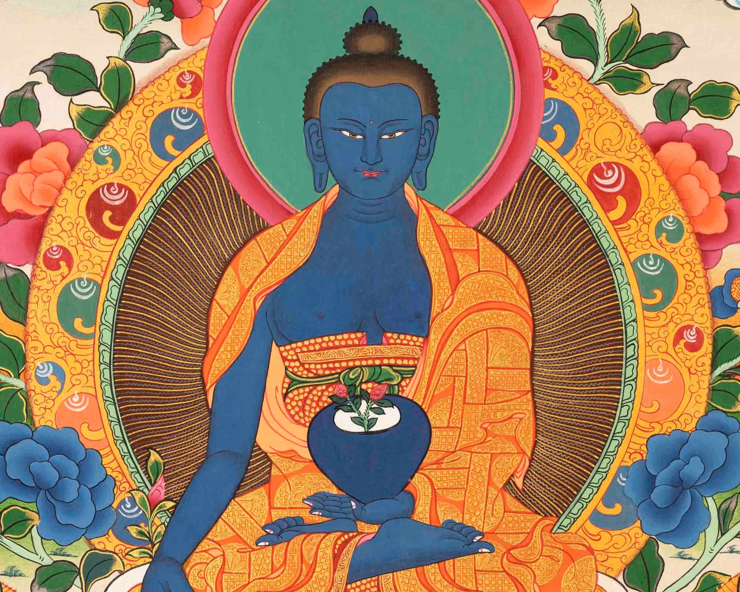 Original Hand Painted Thangka Of Bhaisajyaguru Medicine Buddha with Bodhisattvas |