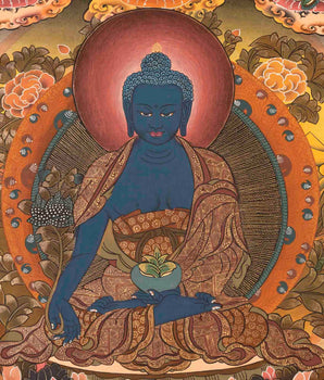Medicine Budhha Flanked By Bodhisattvas,Mahakala And Manjushree | Original Hand-Painted Tibetan Thangka |