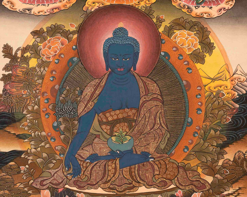 Medicine Budhha Flanked By Bodhisattvas,Mahakala And Manjushree | Original Hand-Painted Tibetan Thangka |