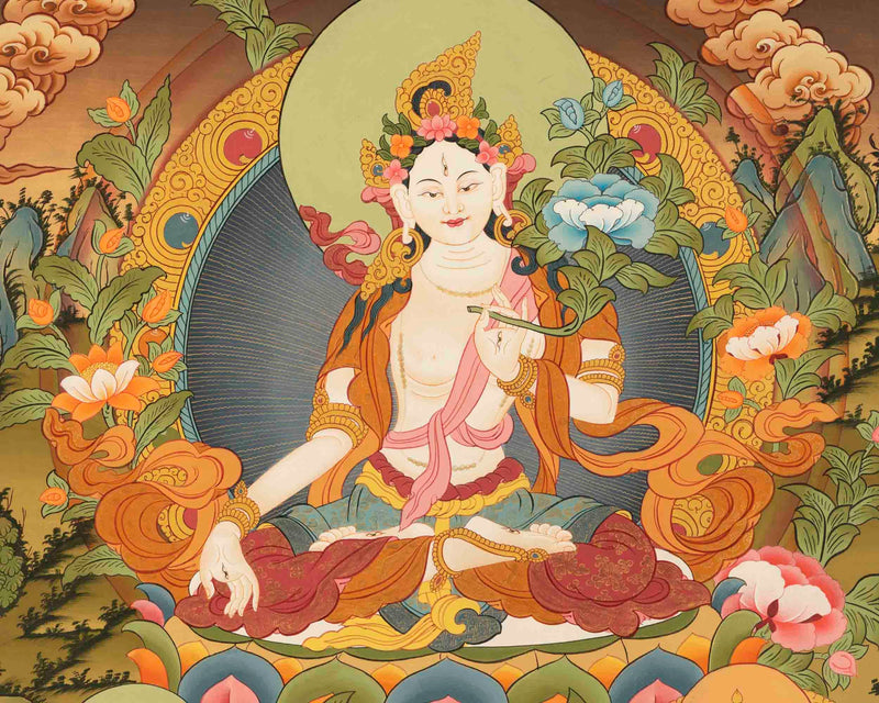 Hand-Painted White Tara Thangka | Tibetan Buddhist Thangka Wall Decor Painting