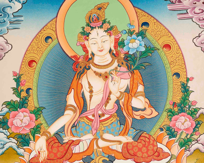 White Tara Thangka Art | Original Hand Painted Female Bodhisattva Art | Wall Decoration Painting |