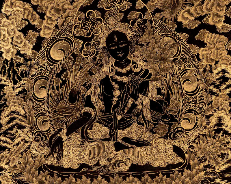 Black and Gold Style White Tara Thangka Painting | Original Female Bodhisattva Art