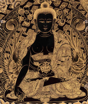 Black and Gold Style Medicine Buddha | Original Hand-Painted Tibetan Thanka | Healing Buddha |