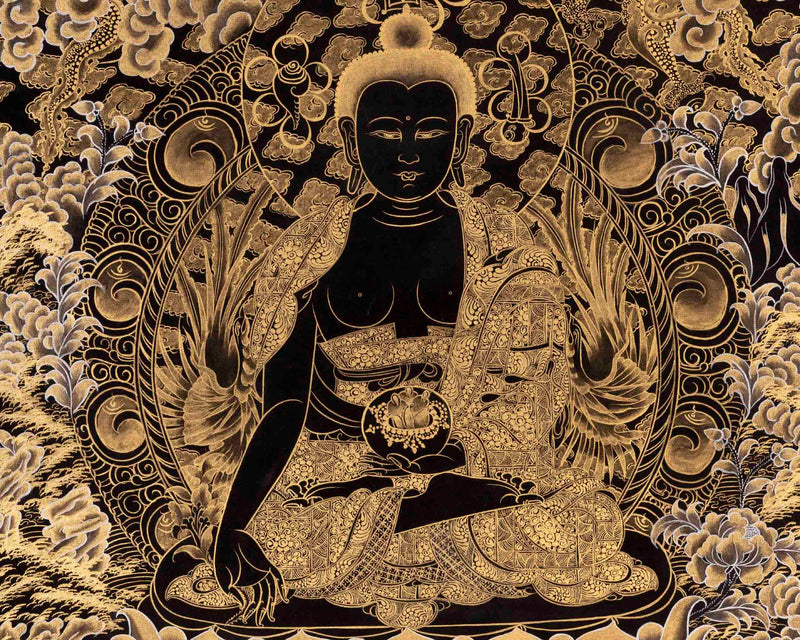 Black and Gold Style Medicine Buddha | Original Hand-Painted Tibetan Thanka | Healing Buddha |