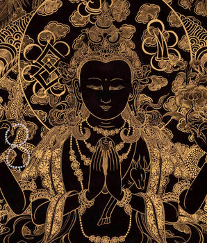 Black and Gold Shakyamuni Buddha & Bodhisattvas Thangka | Wall Decor Gifts