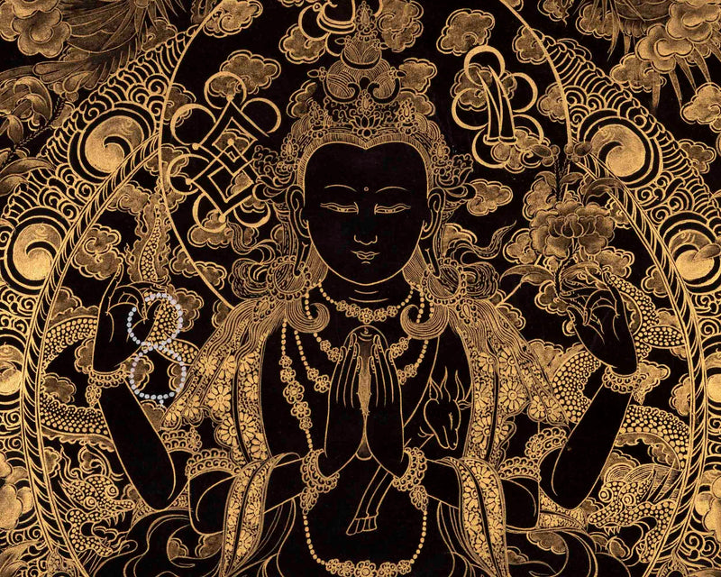 Black and Gold Shakyamuni Buddha & Bodhisattvas Thangka | Wall Decor Gifts