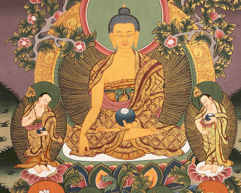 Original Hand-Painted Thangka Of Shakyamuni Buddha Followed By Other Bodhisattvas | Wall Decoration |