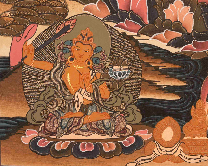 Medicine Budhha Flanked By Bodhisattvas,Mahakala And Manjushree | Original Hand-Painted Tibetan Thangka |