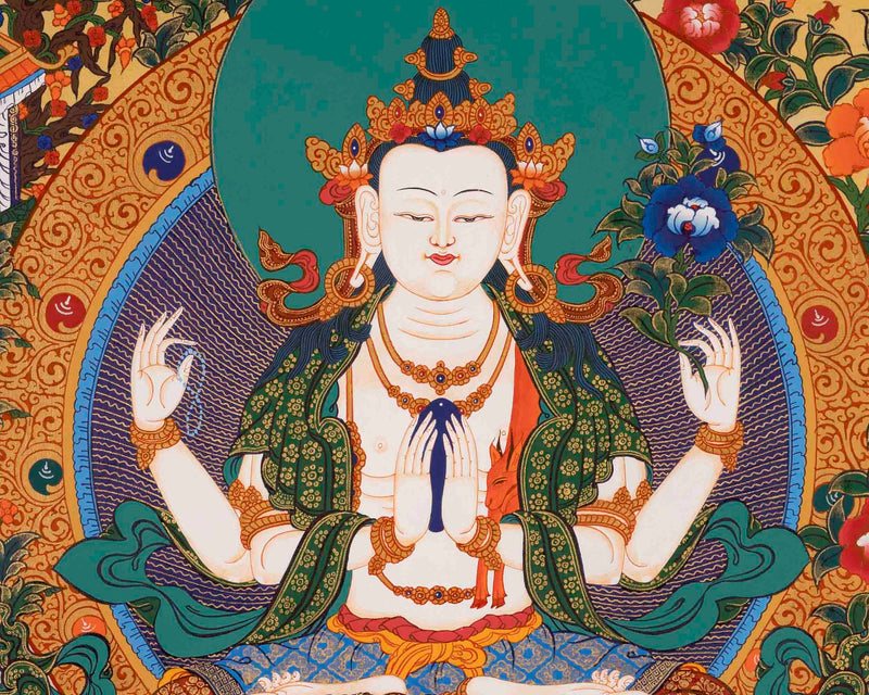 4 Armed Chengrezig Thangka Painting | Bodhisattva of Compassion | Wall hanging