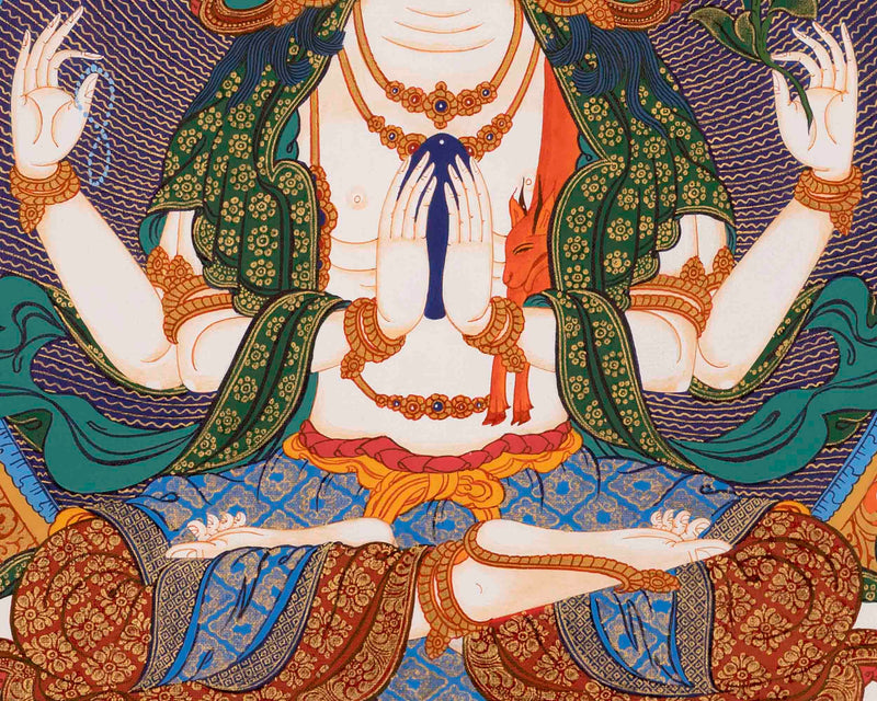 4 Armed Chengrezig Thangka Painting | Bodhisattva of Compassion | Wall hanging