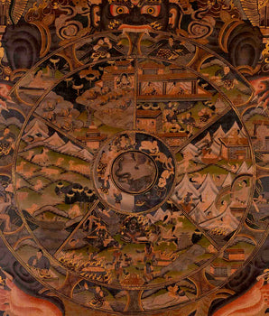 Oil Varnished Wheel Of Life Buddhist Thanka | Bhavachakra Painting for Buddhist Meditation
