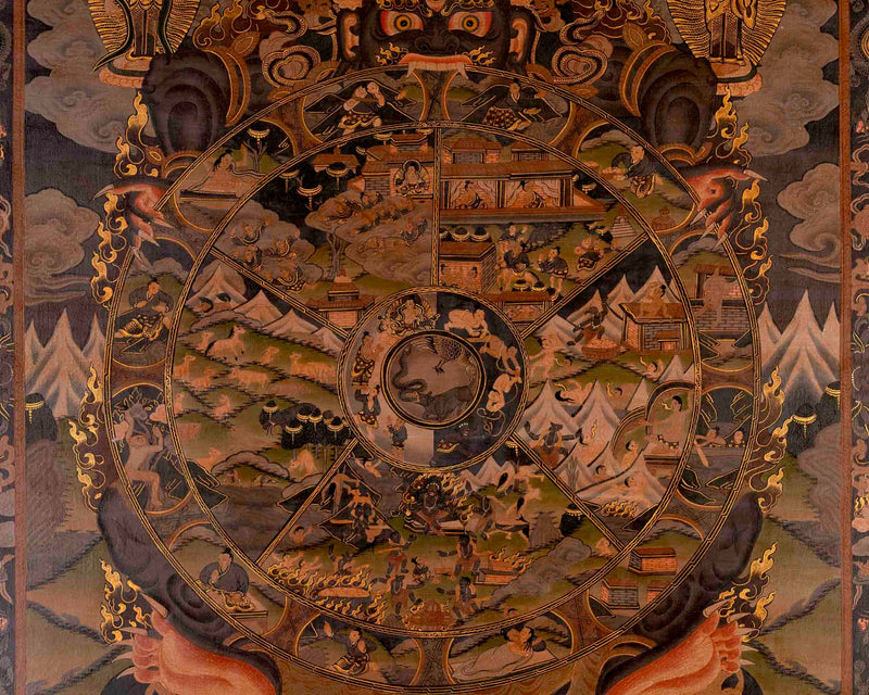 Oil Varnished Wheel Of Life Buddhist Thanka | Bhavachakra Painting for Buddhist Meditation