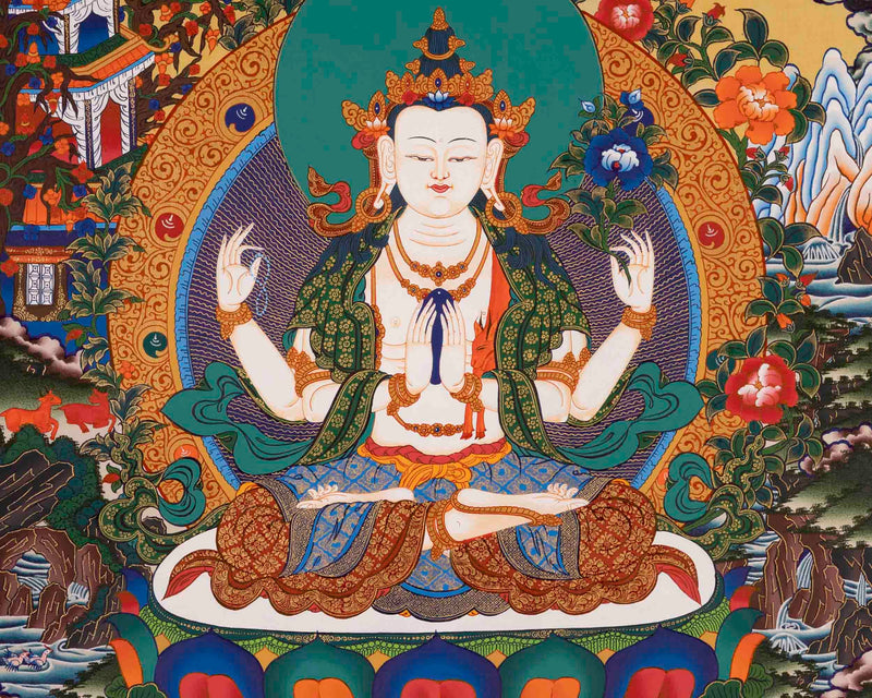 4 Armed Chengrezig Thangka Painting | Bodhisattva of Compassion | Wall hanging