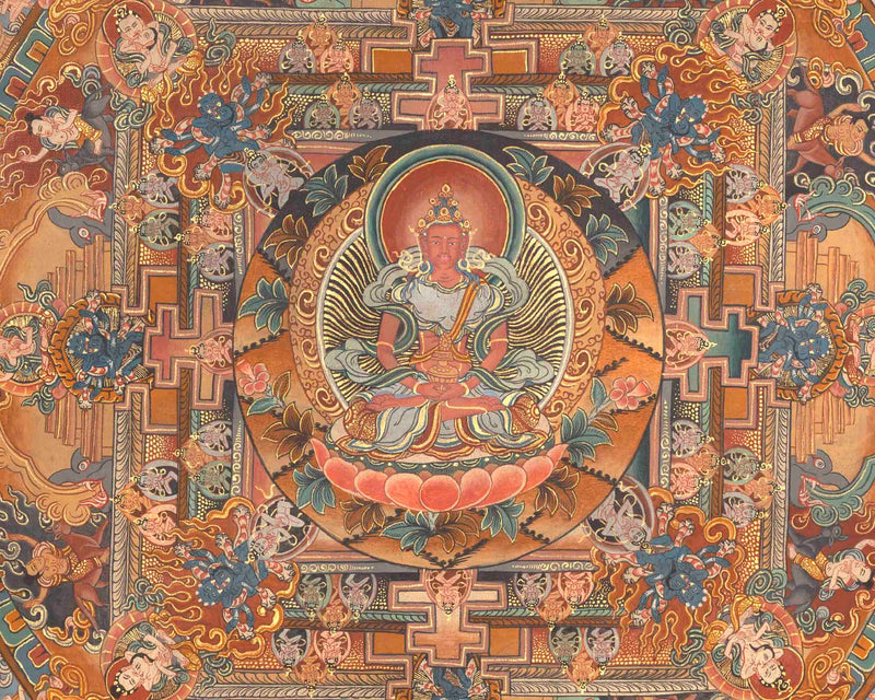 Amitayus Buddha Mandala Thangka | Original Hand Painted Tibetan Canvas Art |