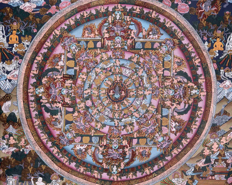 Vintage Heruka Mahakala Mandala Thangka with Brocade | Oil Varnished Thangka