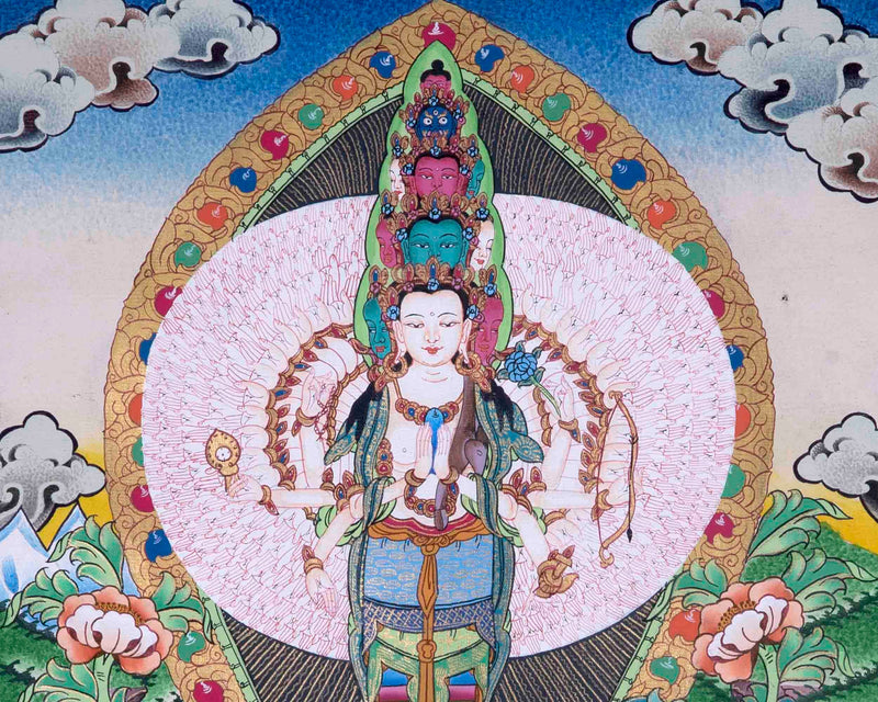 Small 1000 Armed Lokeshvara With Brocade | Wall Hanging Yoga Meditation Canvas Art