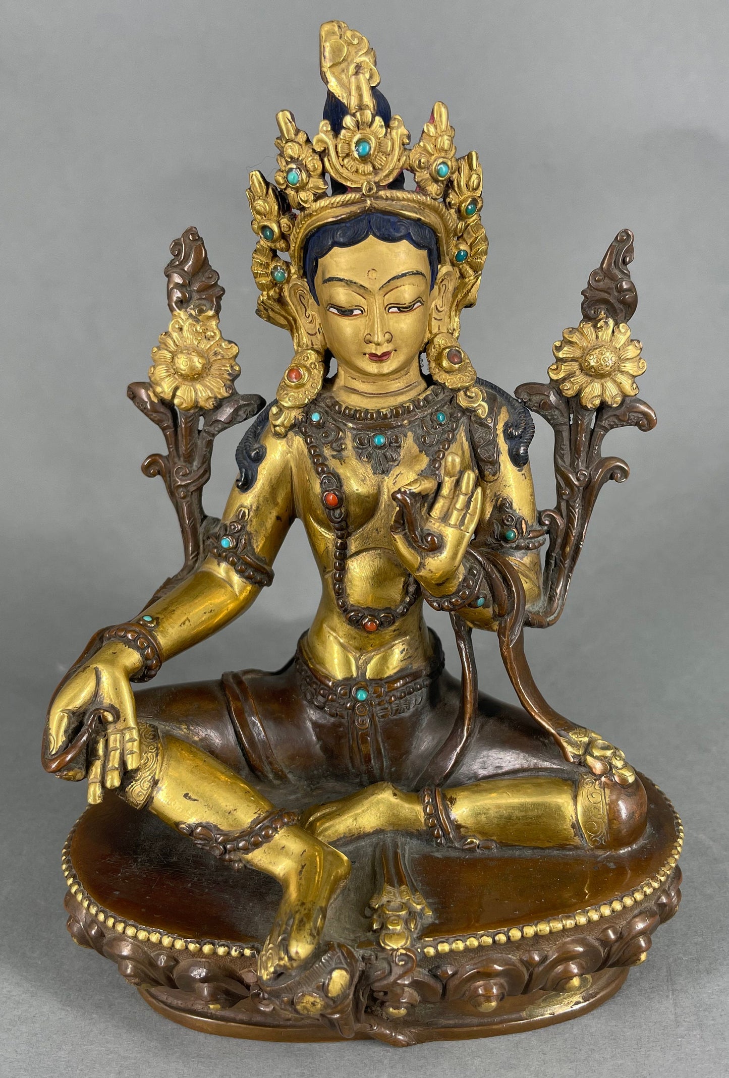 Vintage 25+ year old  Green Tara Sculpture With Wooden Throne | Handmade Buddhist Female Goddess