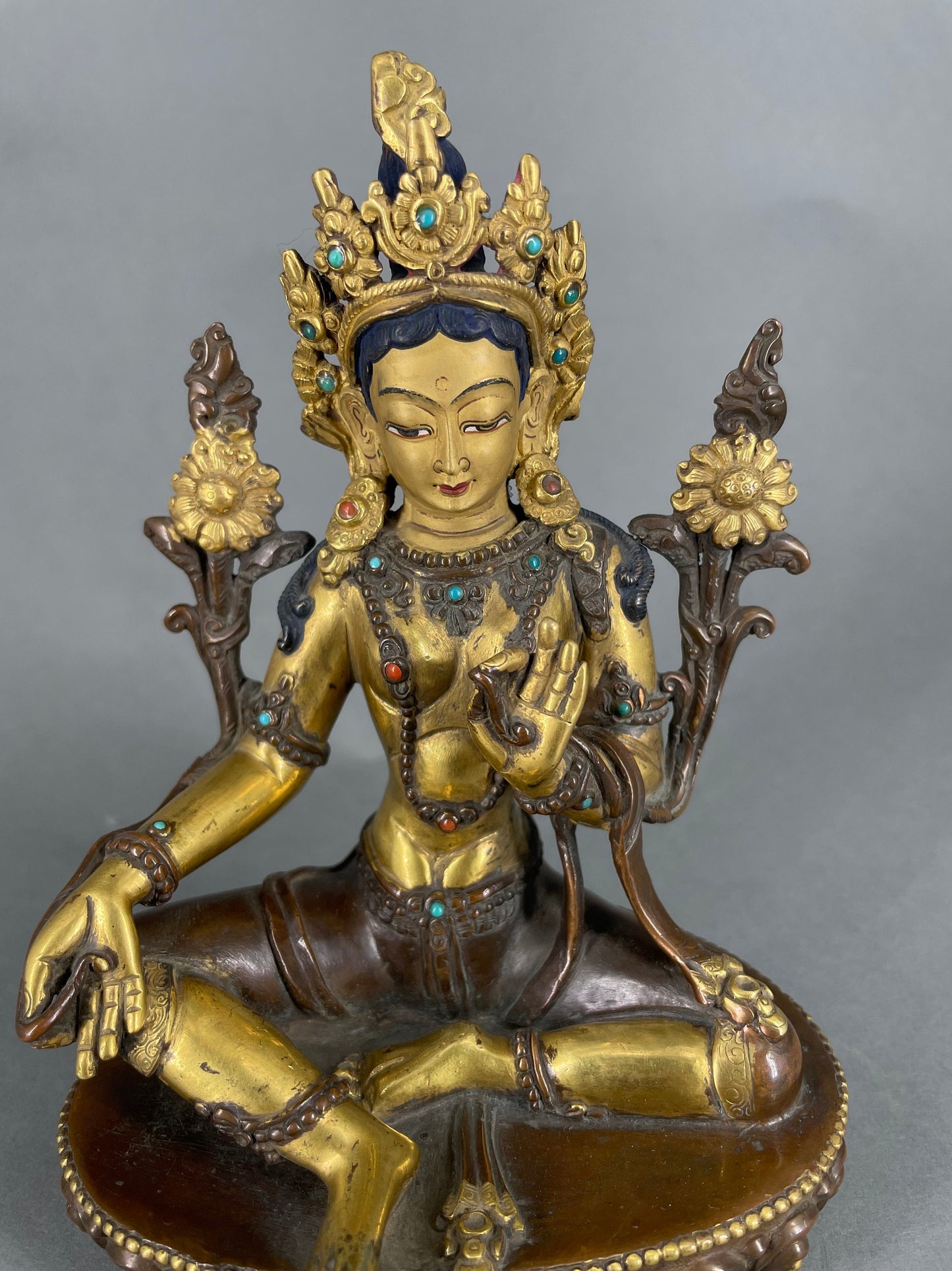 Vintage 25+ year old  Green Tara Sculpture With Wooden Throne | Handmade Buddhist Female Goddess